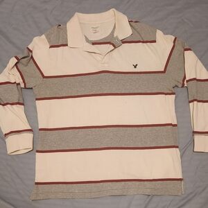 American Eagle White/Gray/Red Long Sleeve Polo (Mens M)
